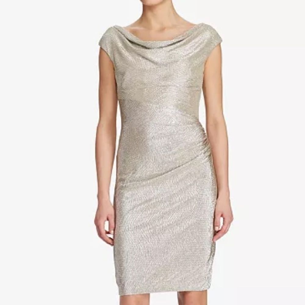 Lauren Ralph Lauren Metallic Silver Cowl Neck Cocktail Dress – Size 12 EUC